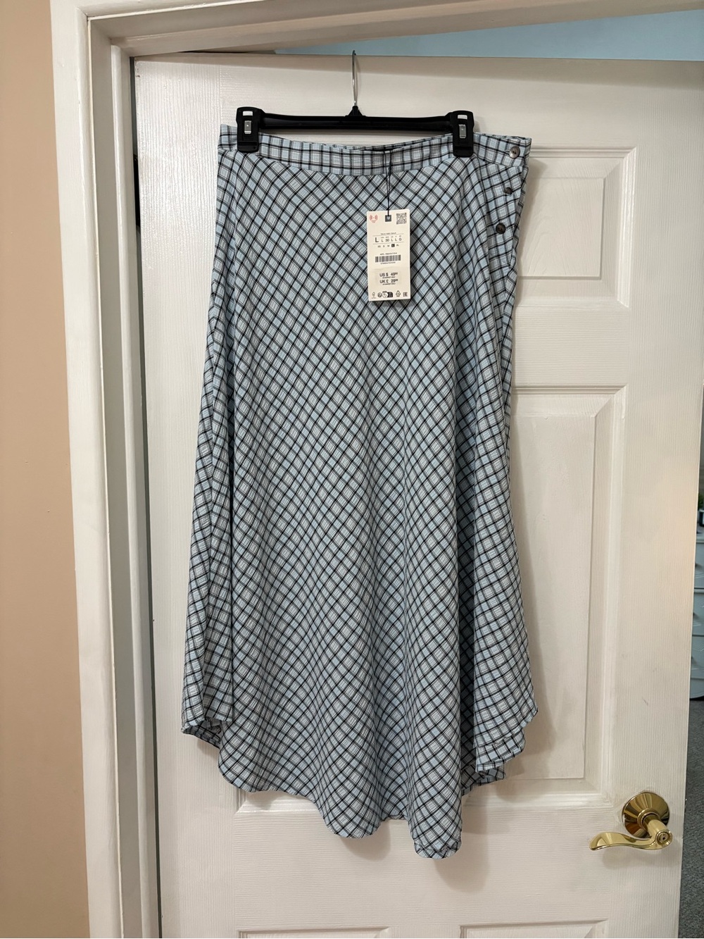 Zara Light Blue Plaid A-Line Midi Skirt with Side Buttons